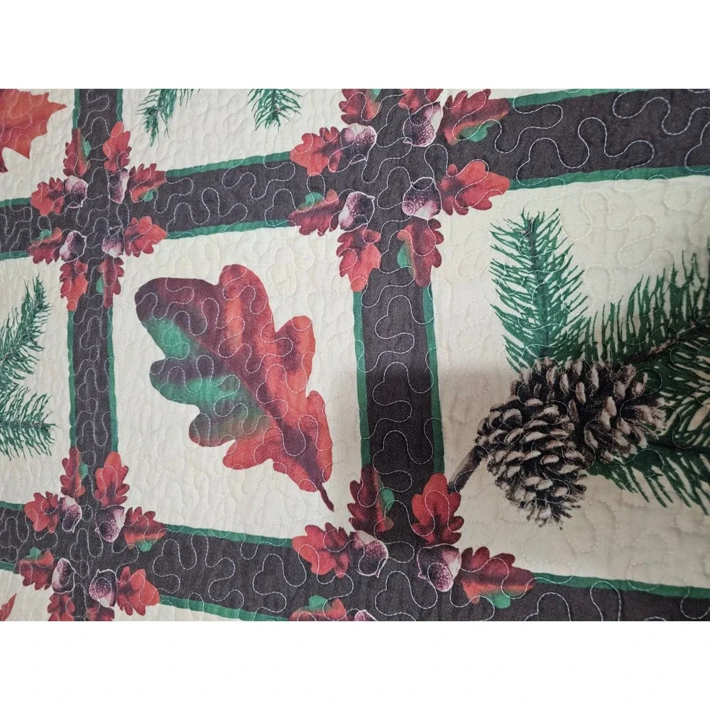 Rustic Chickadee Pinecone Reversible Quilt Set Red Plaid King 102x86 3pc Lodge